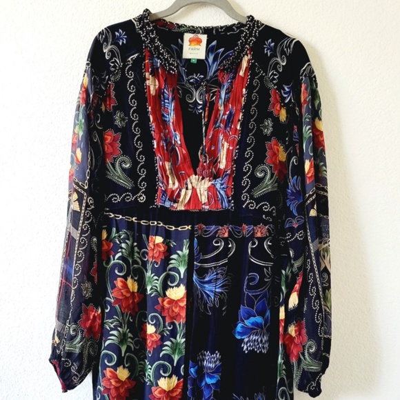 $260 Farm Rio Mixed Arabesque Scarves Long Sleeve Mini Dress - Picture 4 of 12